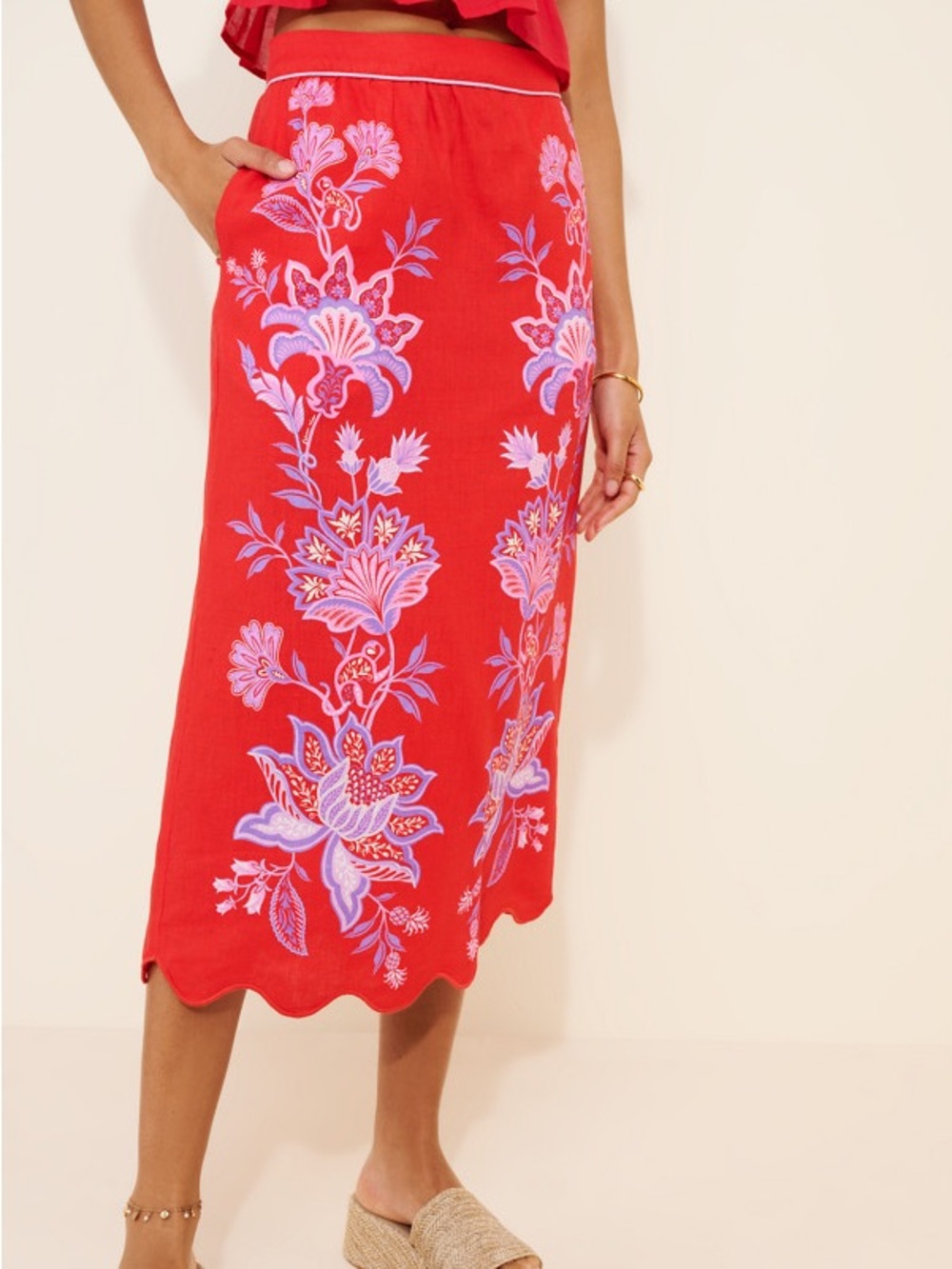 FARM Rio Porcelain Garden Red Motif Linen Blend Scalloped Midi Skirt S - Picture 5 of 16